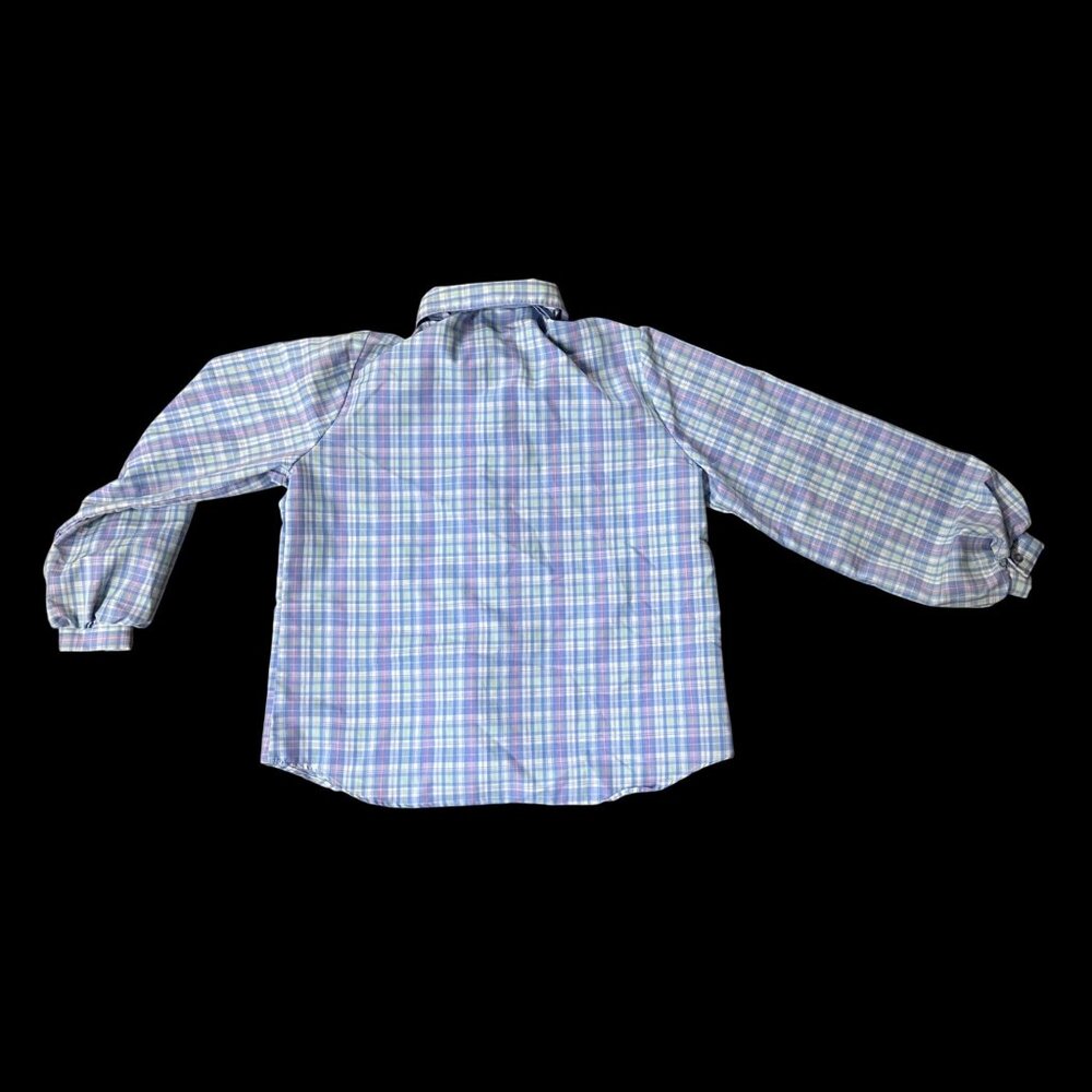 Vintage Plaid Button Up Blouse Blue Pink Bow Tie 1970s Business Shirt Retro - Picture 3 of 6